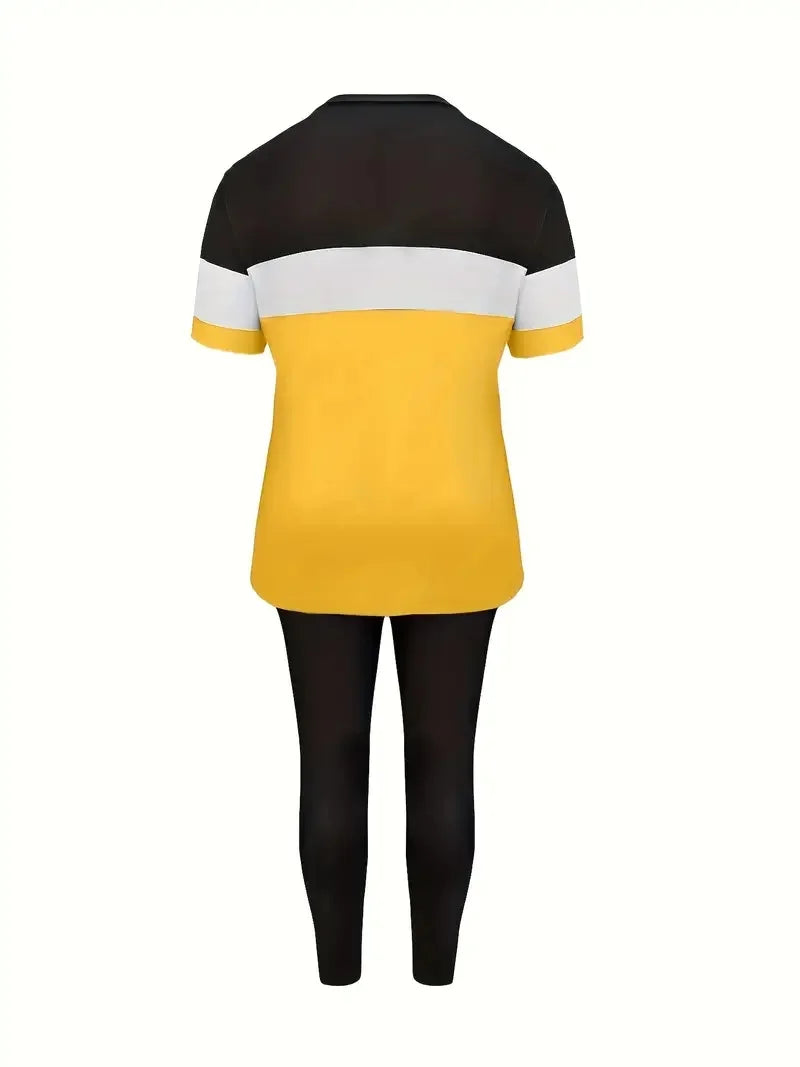 Plus Size Striped Letter Print Short-Sleeved Trousers Two-Piece Suit Ohberri