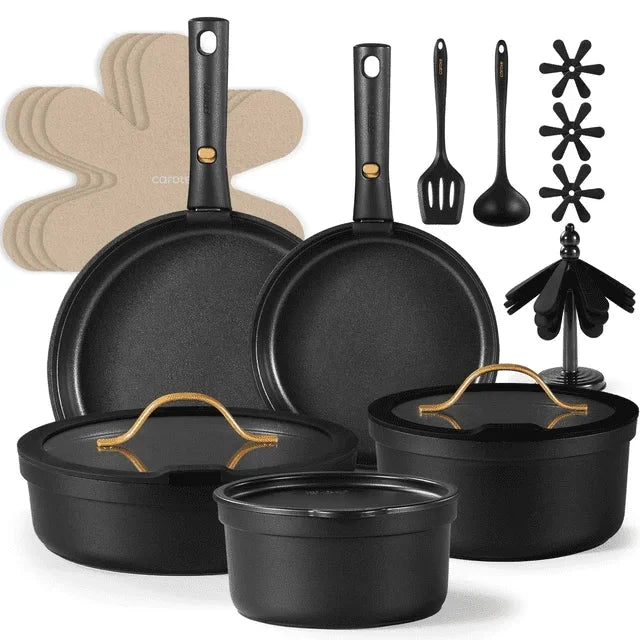 Nonstick Cookware Sets, 19 Pcs Non Stick Pots and Pans Set with Removable Handle, Black Ohberri
