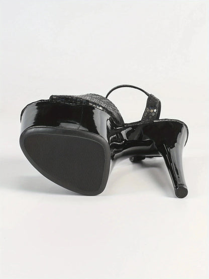 Black Waterproof Stiletto High Heels 6.69inch Platform Stone Pattern Ohberri