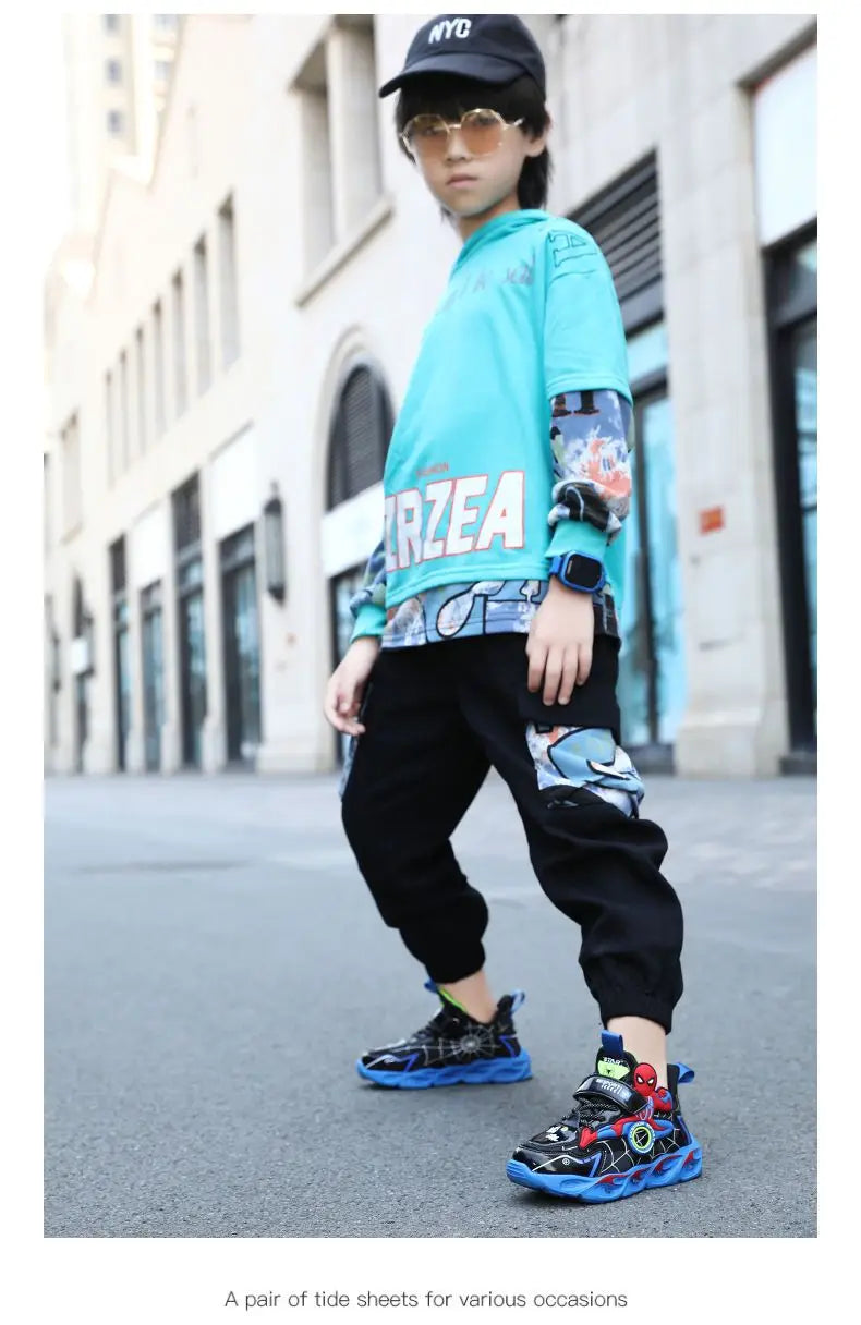 Disney Boys Shoes LED Lights Cartoon Autumn Children's Sports Shoes Leather Non-slip Children's Running Shoes Sneaker Size 25-35 Ohberri