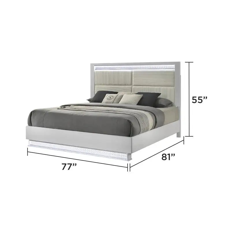 Glam Modern 5-Piece King Bedroom Set with LED Headboard, Wood in White - Ohberri