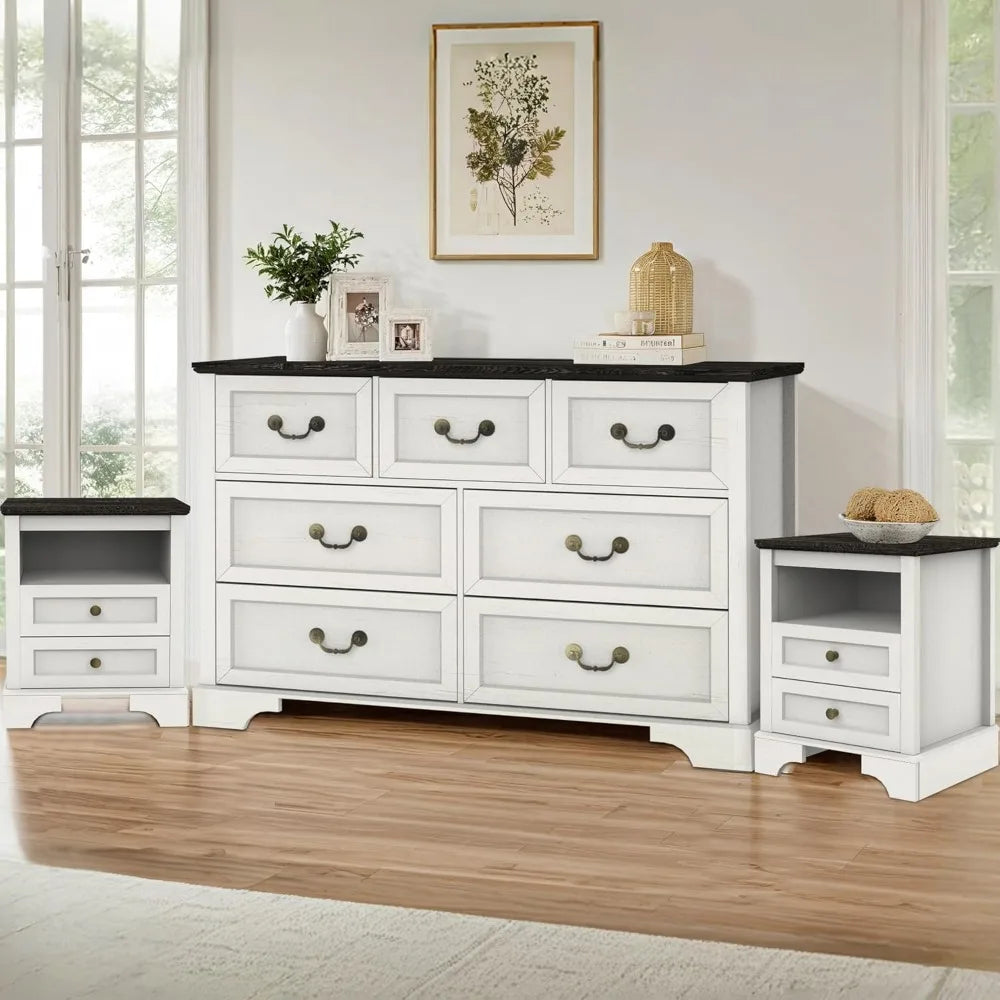Farmhouse Bedroom Set, 3 Pieces Rustic Wood 6 Drawer Dresser and Nightstands - Ohberri