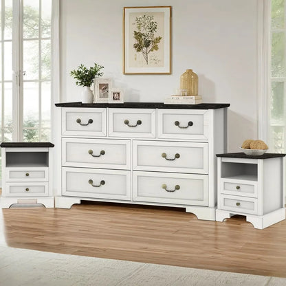 Farmhouse Bedroom Set, 3 Pieces Rustic Wood 6 Drawer Dresser and Nightstands - Ohberri