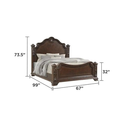 Traditional 4-Piece Queen Bedroom Set with Intricate Wood Carvings in Walnut Finish - Ohberri