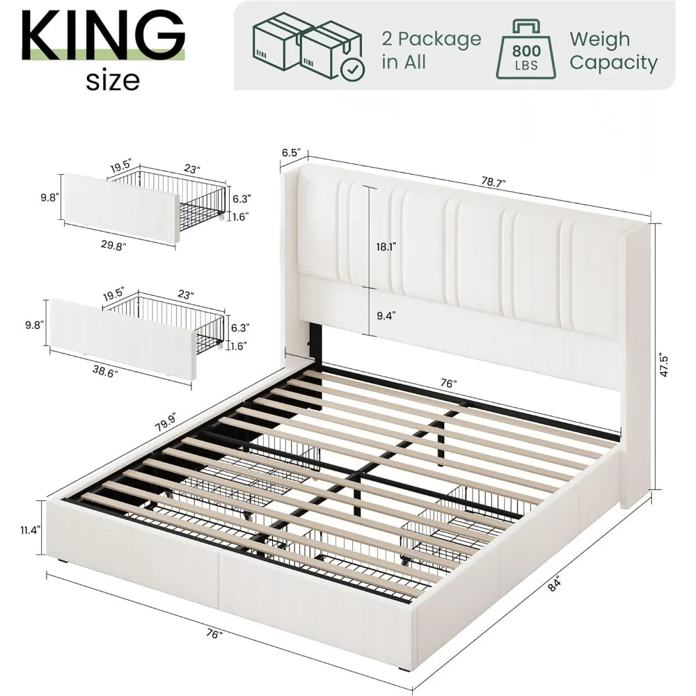 King Size Bed Frame with 4 Storage Drawers and Wingback Headboard Linen Upholstered Platform Bed Frame with Wooden Slats - Ohberri