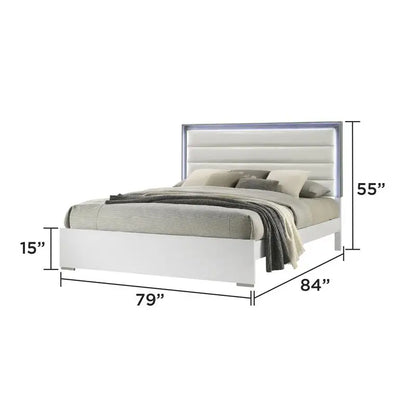Contemporary 5-Pc King Bed Set with LED Headboard, Wood, White Finish - Ohberri