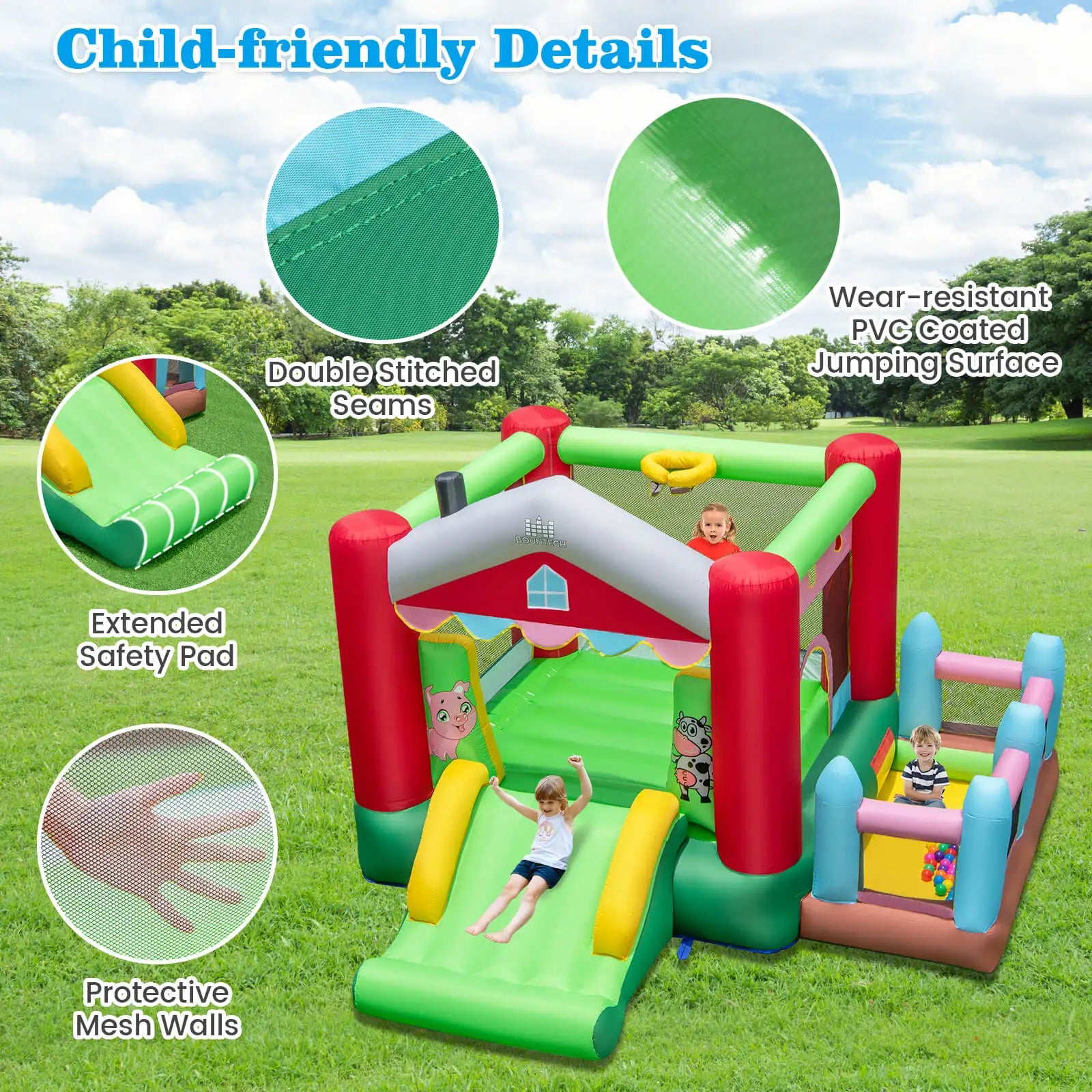 4-in-1 Farm Themed Inflatable Bounce House with Slide Ball Pit & Basketball Hoop - Ohberri