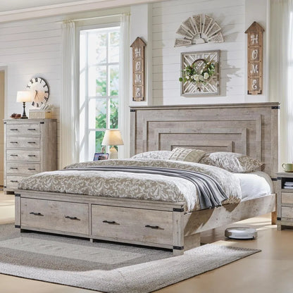 Queen Size Wood Bed Frame with 54" Tall Geometric Headboard, 2 Large Storage Drawers, Solid Wood Slats Support - Ohberri