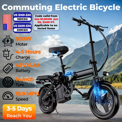 20 MPH, 48V 10.4Ah 14 Inch Folding Electric Bike - Ohberri