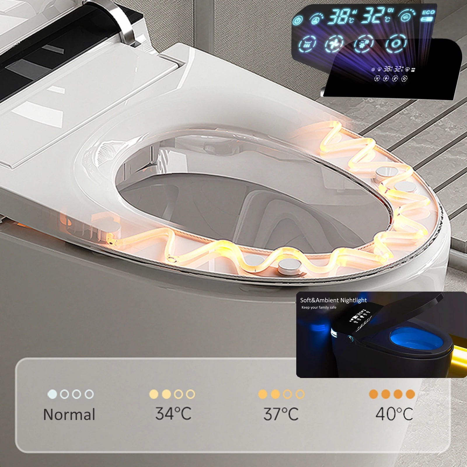Smart Toilet with Heated Bidet Seat, toilet with bidet built in, AUTO Open/Close Lid Ohberri