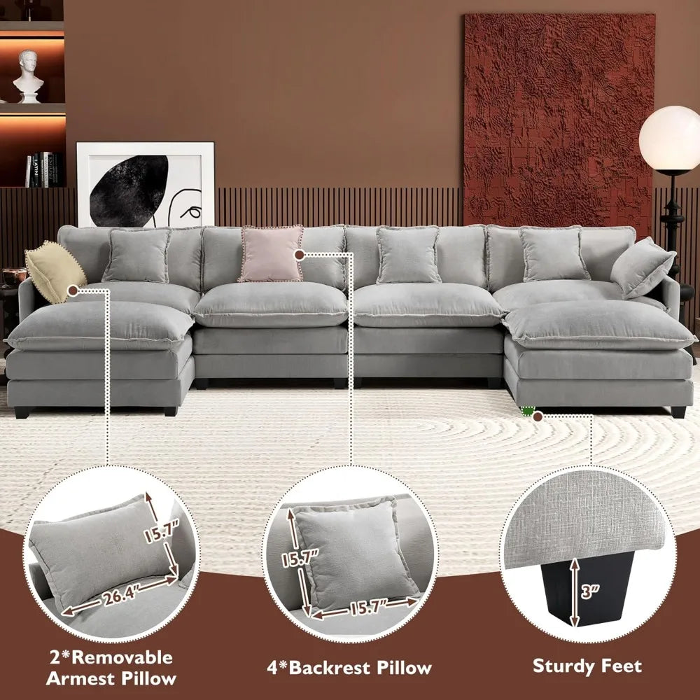 U-Shaped Modern Sofa Modular Sectional Cloud Couch with 2 Ottoman with 6 Pillows Ohberri