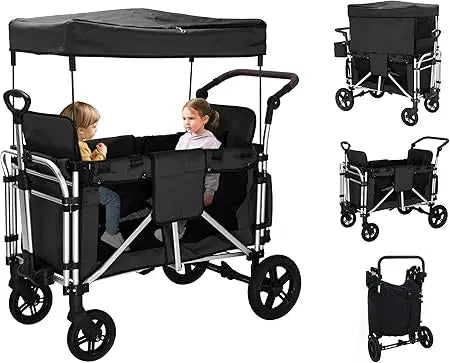Wagon Stroller - Foldable Cart with 2 High Seats, 5-Point Harnesses, Adjustable Canopy - Ohberri