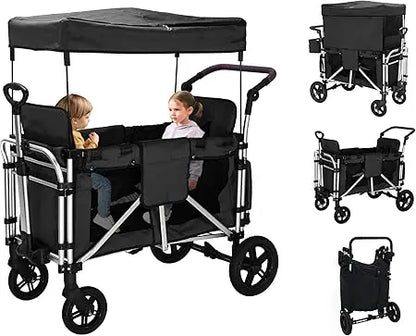 Wagon Stroller - Foldable Cart with 2 High Seats, 5-Point Harnesses, Adjustable Canopy - Ohberri