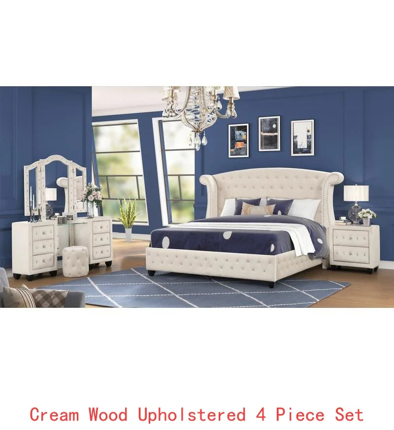 Upholstered Queen 4-Piece Vanity Bedroom Set, Crystal Tufted Design, Wooden Frame - Ohberri