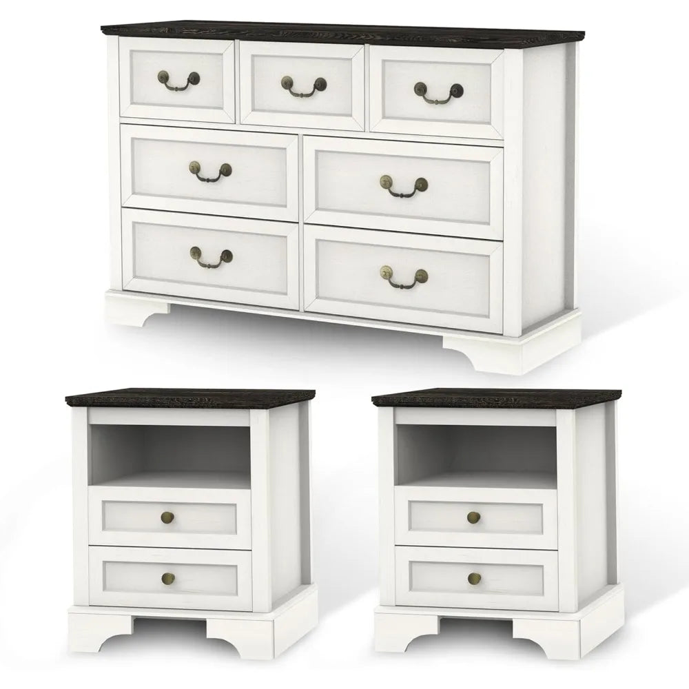 Farmhouse Bedroom Set, 3 Pieces Rustic Wood 6 Drawer Dresser and Nightstands - Ohberri