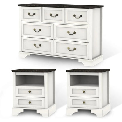 Farmhouse Bedroom Set, 3 Pieces Rustic Wood 6 Drawer Dresser and Nightstands - Ohberri