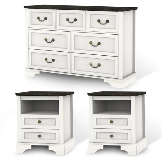 Farmhouse Bedroom Set, 3 Pieces Rustic Wood 6 Drawer Dresser and Nightstands - Ohberri