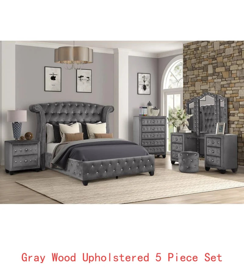 5-Piece Gray Wood Upholstered Bedroom Vanity Set for Stylish Home Decor - Ohberri