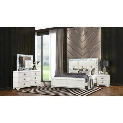 Modern Style 4 Piece Queen Upholstered Bedroom Set with Wood and Crystal Accents in White - Ohberri