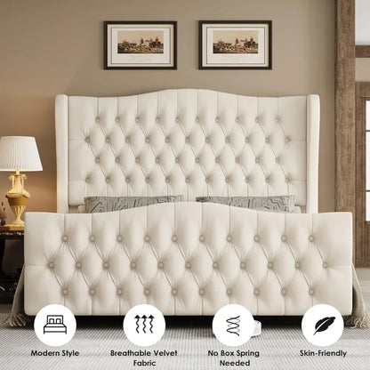 Velvet Upholstered Deep Button Tufted Wingback Headboard and Footboard - Ohberri