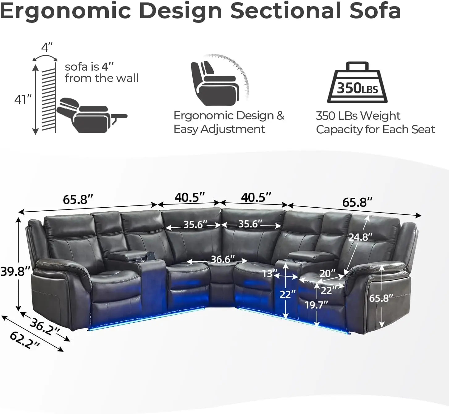 Power Recliner with LED Lights, USB, Cup Holders Storage Console Faux Leather Sectional - Ohberri