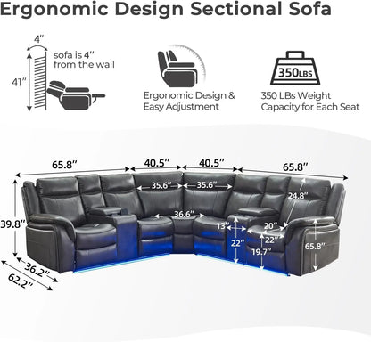 Power Recliner with LED Lights, USB, Cup Holders Storage Console Faux Leather Sectional - Ohberri