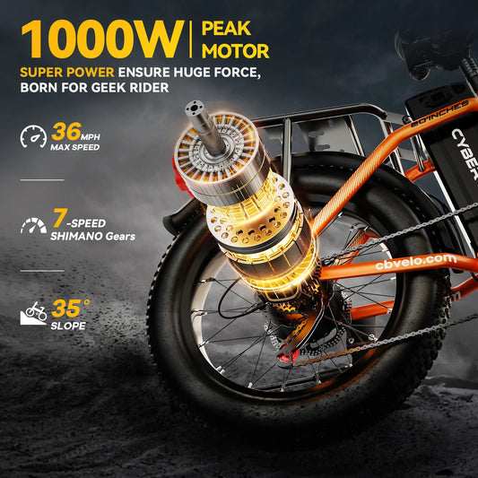 1000W Folding Electric Bike, 48V 20AH 30+MPH, 80 Miles Max Range, 20" Tire - Ohberri