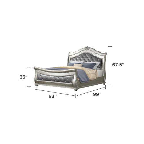 Traditional Style 4 Pc Queen Bedroom Set With Upholstered Crystal-Tufted bed Made with Wood in Silver - Ohberri