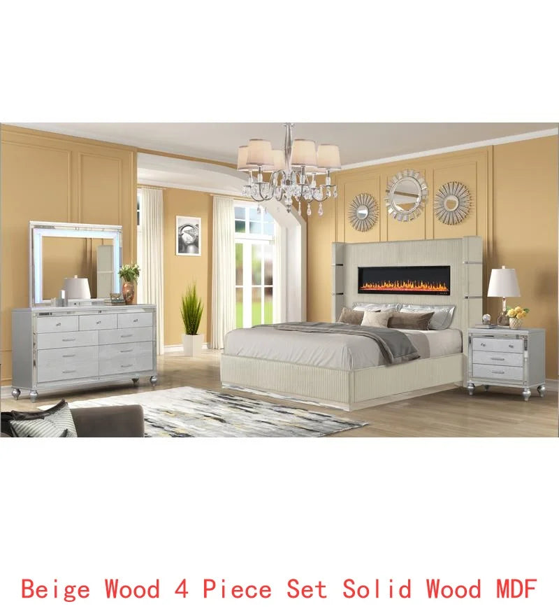 Modern Upholstery King 4-Piece Bedroom Set with Bed, Nightstand, Dresser, Mirror, and Fireplace in Blue Wood - Ohberri
