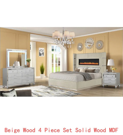 Modern Upholstery King 4-Piece Bedroom Set with Bed, Nightstand, Dresser, Mirror, and Fireplace in Blue Wood - Ohberri