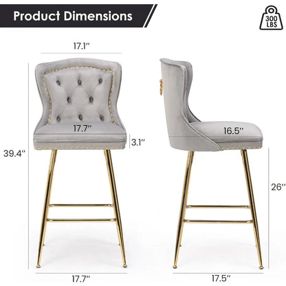 Bar Stools Set of 4, Velvet Counter Height Bar Stools with Metal Legs, Button Tufted and Nailheads Trim, Wing-Back Bar - Ohberri