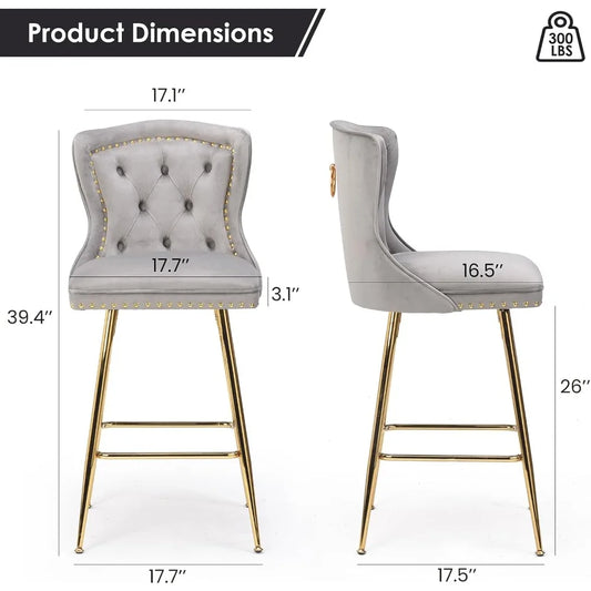 Bar Stools Set of 4, Velvet Counter Height Bar Stools with Metal Legs, Button Tufted and Nailheads Trim, Wing-Back Bar - Ohberri