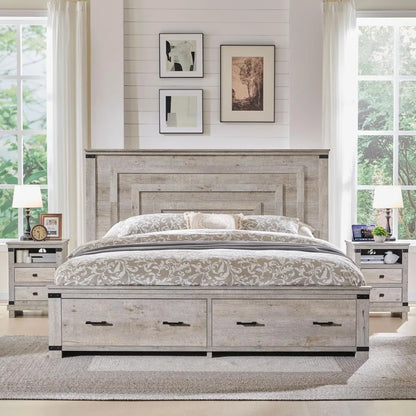 Queen Size Wood Bed Frame with 54" Tall Geometric Headboard, 2 Large Storage Drawers, Solid Wood Slats Support - Ohberri