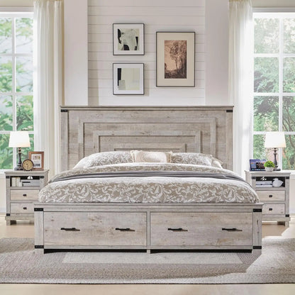 Queen Size Wood Bed Frame with 54" Tall Geometric Headboard, 2 Large Storage Drawers, Solid Wood Slats Support - Ohberri