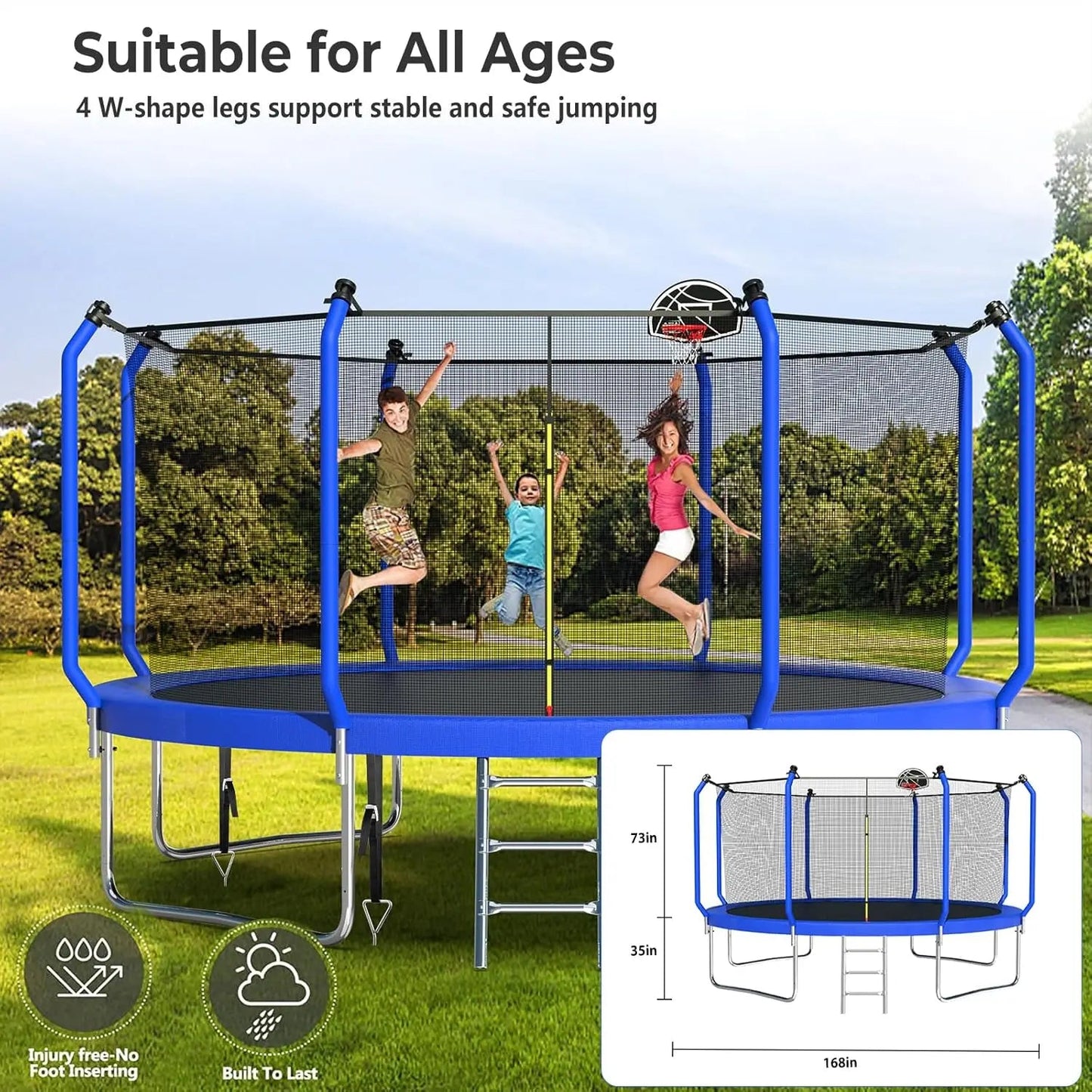 Trampoline 14FT With Basketball Hoop, Light, Sprinkler, Stakes - Outdoor Ohberri