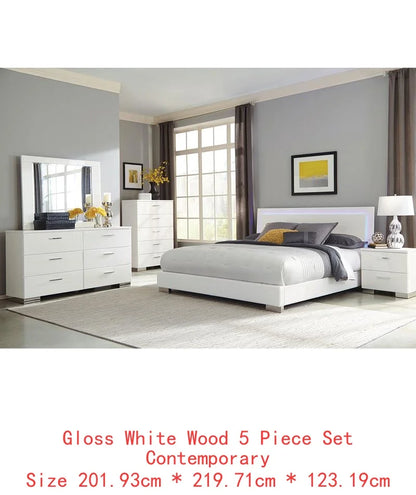 5-Piece High Gloss White Full Bedroom Set - Modern Design with Storage - Ohberri