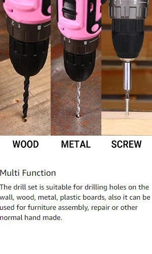 DEKO Pink Drill Tool Kit Set: 20V Cordless Power Drill Tool Box with Battery Electric Drill Driver Ohberri