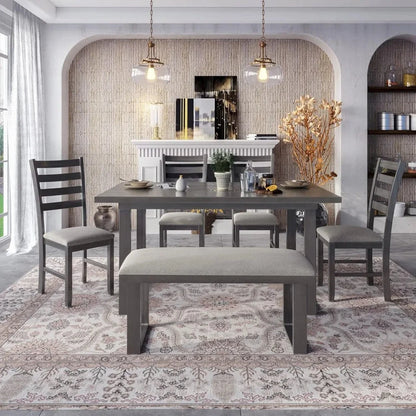 6 Piece Dining Table Set with Rectangular Table and 4 High Back Upholstered Dining Chairs and Tufted Bench Ohberri