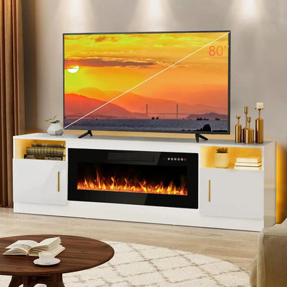 Fireplace tv Stand with 36 inch Fireplace Up to 80" TVs,LED Light 70" Modern Wood Ohberri