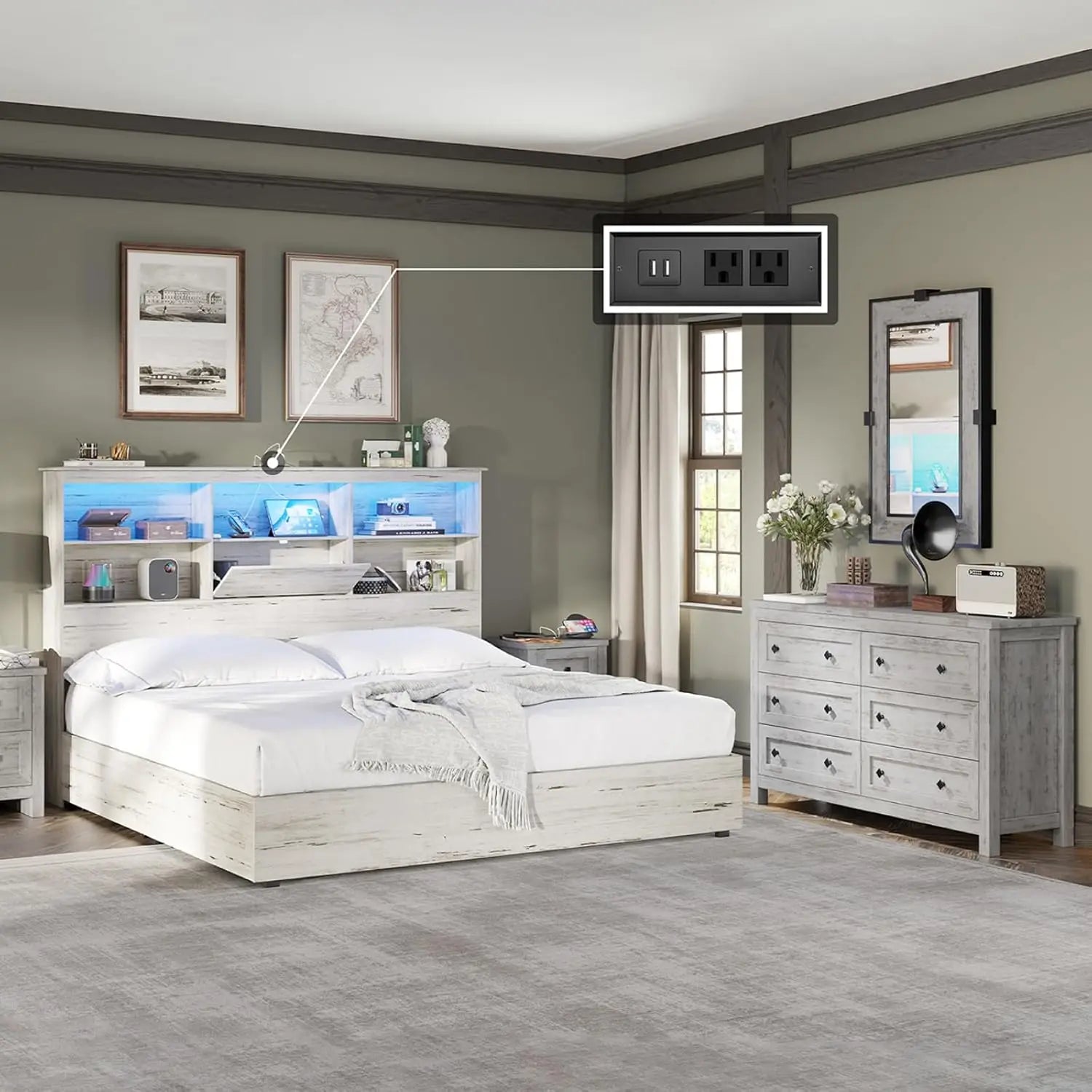 2-Piece Bedroom Set, Queen Bed Frame and 6 Drawer Dresser - Ohberri