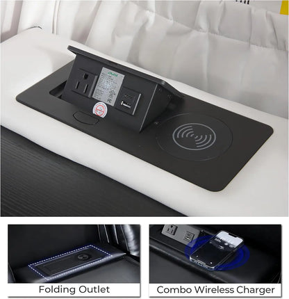 5 Seater Faux Leather Power Recliner Sofa Set with Drop-Off Table, Wireless Charger & Type-C, Loveseat with Bass Speaker - Ohberri