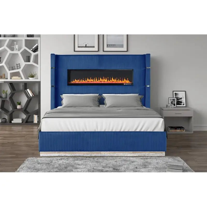 Modern Upholstery King 4-Piece Bedroom Set with Bed, Nightstand, Dresser, Mirror, and Fireplace in Blue Wood - Ohberri