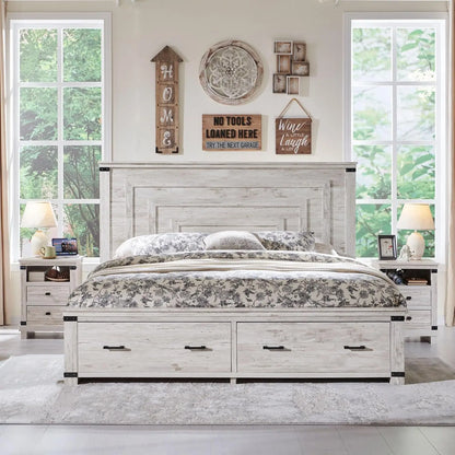 Queen Size Wood Bed Frame with 54" Tall Geometric Headboard, 2 Large Storage Drawers, Solid Wood Slats Support - Ohberri
