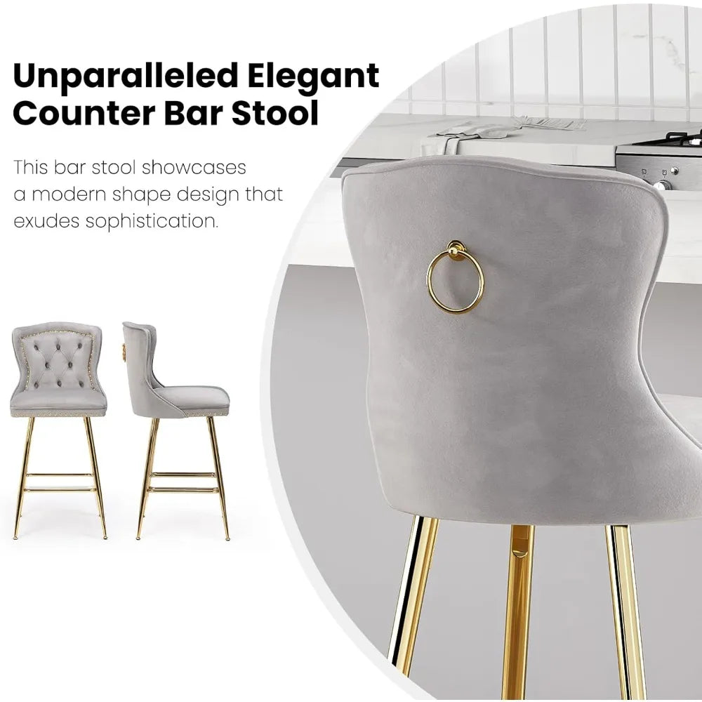 Bar Stools Set of 4, Velvet Counter Height Bar Stools with Metal Legs, Button Tufted and Nailheads Trim, Wing-Back Bar - Ohberri