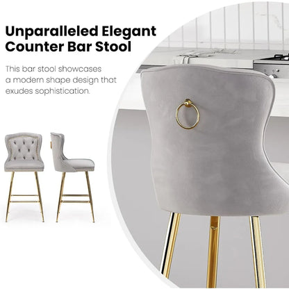 Bar Stools Set of 4, Velvet Counter Height Bar Stools with Metal Legs, Button Tufted and Nailheads Trim, Wing-Back Bar - Ohberri