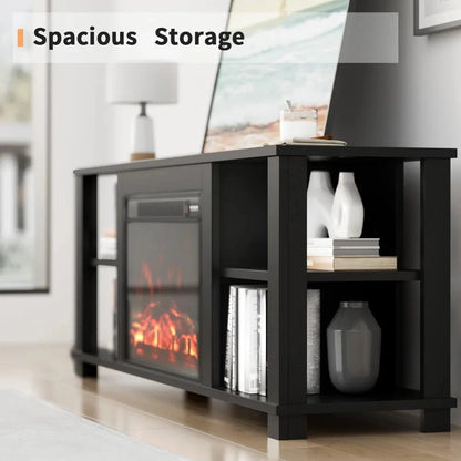 fireplace tv stand for television up to 65 inch, modern with storage shelves -black Ohberri