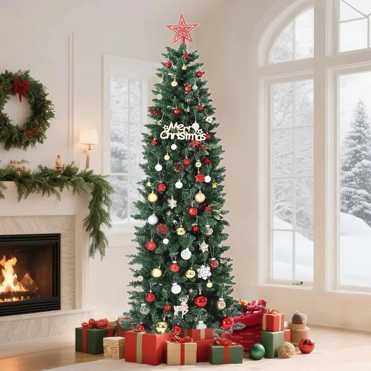 6/7.5/9/12 FT Pencil Christmas Tree Artificial Slim Christmas Tree With LED Light Ohberri