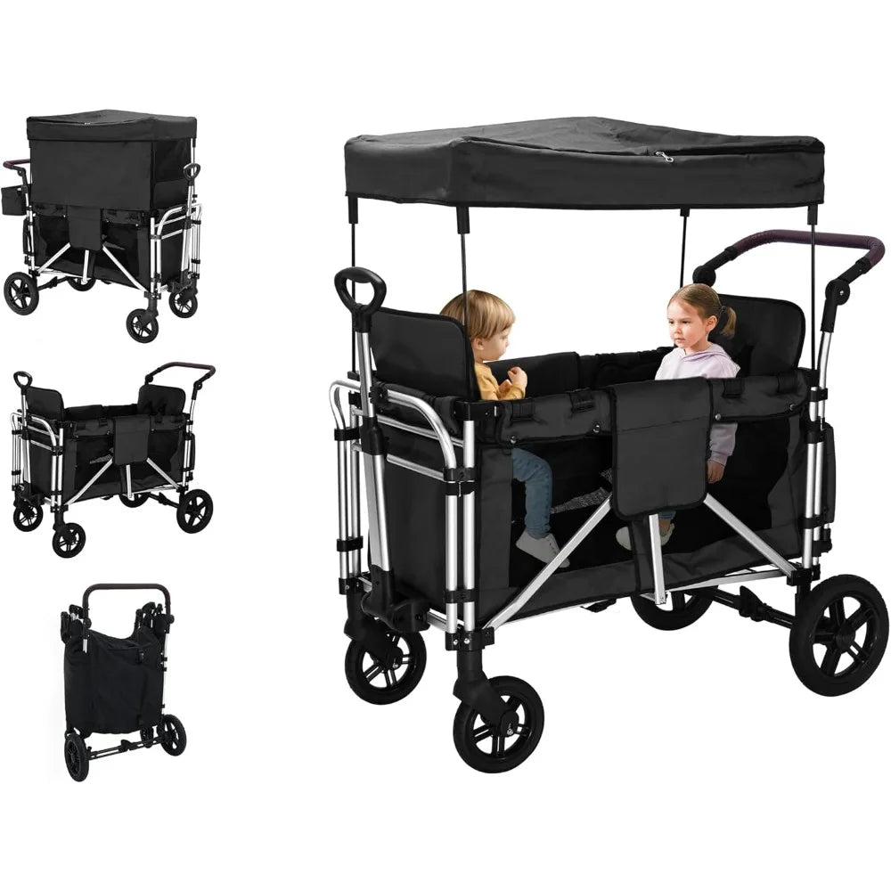 Wagon Stroller - Foldable Cart with 2 High Seats, 5-Point Harnesses, Adjustable Canopy - Ohberri