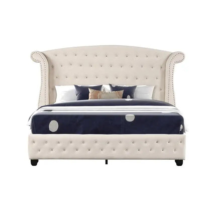 Upholstered Queen 4-Piece Vanity Bedroom Set, Crystal Tufted Design, Wooden Frame - Ohberri