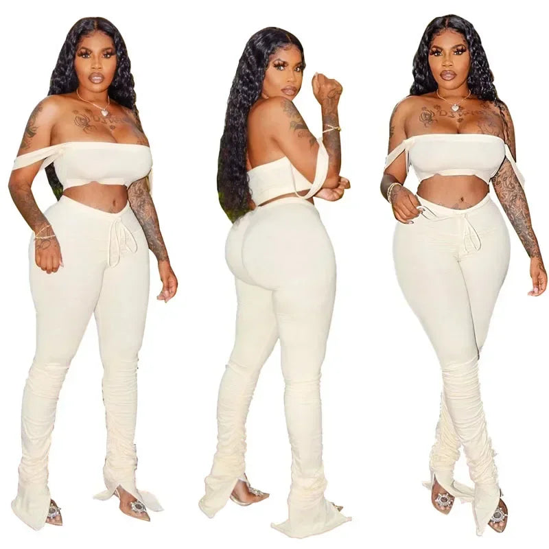 2 Piece Set Skinny Elastic Strapless Tops and Fold Slit Thin Pants Ohberri